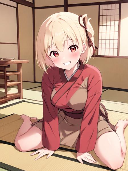 <lora:qianshux_xl:1>,(masterpiece, best quality:1.4), looking at viewer, blush, smile, cowboy shot, chisato nishikigi, blonde hair, short hair, red eyes, medium breasts, hair ribbon, japanese clothes, red kimono, brown apron, waist bow, indoors, tatami, counter, shelf, stool,