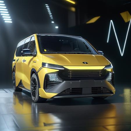 cybertech yellow van, sharp surfaces,high quality, (sharp focus) 4K Unity Wallpaper, cinematic lighting, depth of field, bokeh, day time, city, cardesignworld, car design trend 2023