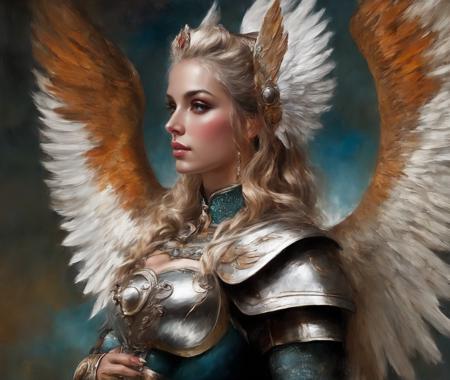 ((Masterpiece, best quality)),beautiful colors, sharp contrast,oil painting, vintage,crackled paint,
walkure, portrait of a  woman ,wearing walkure,wings,armor,winged helmet,painted in walkure style
 <lora:edgWalkureXL:1>