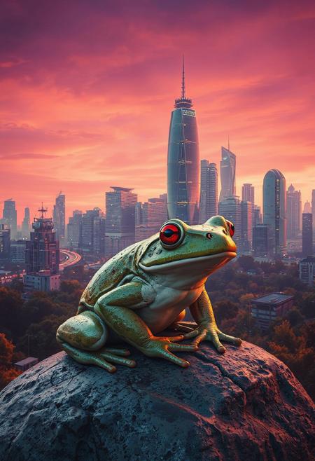 yfg-F@ce, YFG-Zaat, A neon-lit cityscape at dusk, a vibrant orange-pink sky blending into deep purples, contrasts with modern skyscrapers in shades of glass and steel. A large frog sits perched on a rock in the foreground, its skin a mottled green-brown that blends seamlessly with the urban foliage, while its bright red eyes gleam like tiny rubies in the fading light. The frog's slender legs are folded beneath it, as if in quiet contemplation of the cityscape unfolding before it. In the distance, towering skyscrapers stretch towards the sky, their reflective surfaces glinting softly with a warm, golden light that casts no shadows, only subtle gradations of tone and texture.