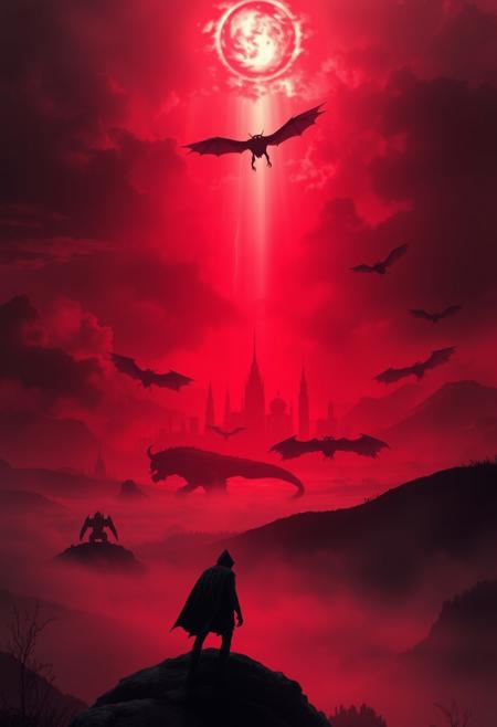 n1ghtm@r3, strange city in the distance, light rays, cape, landscape, fog, red theme, monster silhouette in background, flying beasts. stormy weather