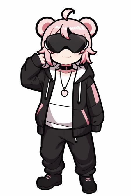 <lora:cutememe02:1>, 1boy, male focus, solo, stuffed toy, white background, virtual youtuber, black footwear, jewelry, stuffed animal, jacket, full body, shoes, hood, simple background, holding stuffed toy, holding, pants, black jacket, standing, necklace, looking at viewer, sleeves past wrists, hood down, teddy bear, goggles, hoodie, white hoodie, long sleeves, closed mouth, collarbone, goggles on head, pink hair, green eyes, smile