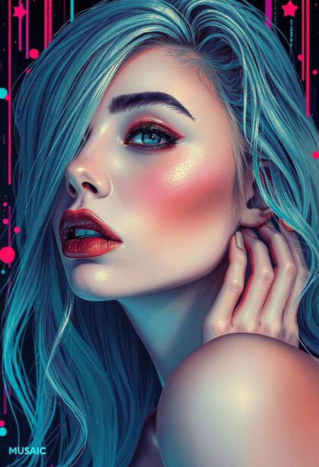 high quality design aesthetics, synth pop, detailed, pop album cover, beautiful young white woman, artist name "Musaic"
