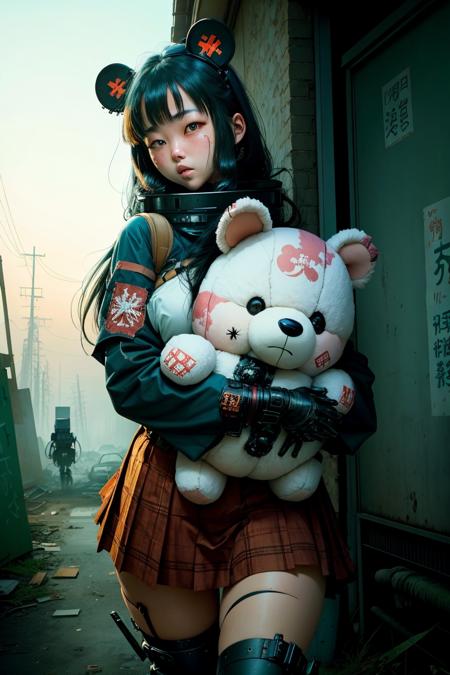 dystopianx style, japanese schoolgirl hugging a giant scary teddy toy, fluffy, abandoned, post-apocalypse,