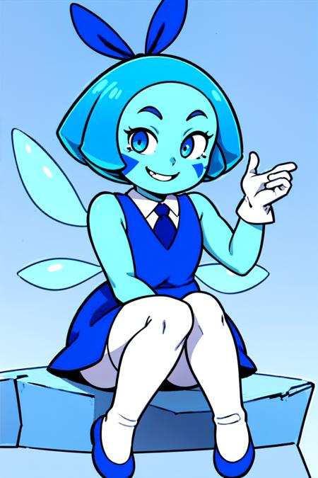 AquaM, solo, 1girl, smile, cirno, blue footwear, wings, blue eyes, blue skirt, hair bow, teardrop facial mark, blue hair, blue skin, necktie, blue cirno,  short hair, sleeveless, white gloves