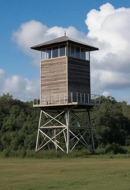 watchtower which is an aerial surveillance structure built between 1940 and 1942. the wooden building has an asphalt shingle cladding comprising a four-story square tower topped with a terrace and metal guardrail. Add three rectangular annexes to the building. backgound  plane  1942, Cululus river and clouds background