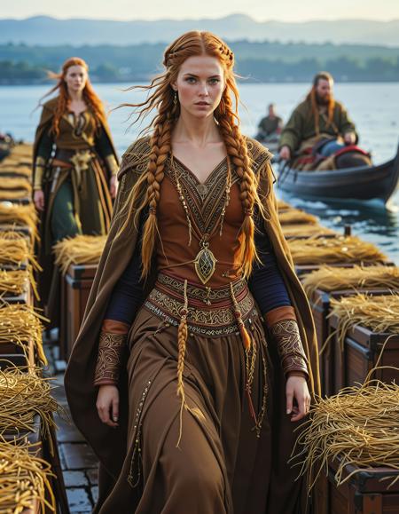 freyja, auburn hair, braided hair, magic, forest, viking queen, mythic beauty, <lora:NBN-Freyja_NordicByNature:0.8>, <lora:NordicByNature:0.8>,Baltic Viking Merchant, A strong and independent nbn-freyja, dressed in rich furs and embroidered tunics, negotiating trade with Baltic merchants. She is standing at a bustling harbor, surrounded by longships and crates of precious goods, with the cold sea wind whipping through her blonde braids.,high quality, film grain, Fujifilm XT3, 8k uhd, dslr, film grain, kodak tri-x 400 film, grain photo DOF, faint lighting, dynamic angle, cinematic, Depth of field, bokeh, best quality, cinematic, light particles, highly_detailed, very_aesthetic, golden hour, beautiful_and_aesthetic clear focus, high resolution image, ,Sexy pose, erotic pose, exhibitionism, ,film studio