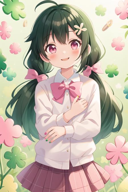 MARUMOCHI,1girl, hair ornament, clover, bow, twintails, smile, stuffed toy, green bow, solo, clover hair ornament, long hair, four-leaf clover, stuffed animal, green nails, black hair, hairclip, shirt, skirt, low twintails, doughnut, bangs, collared shirt, white shirt, stuffed bunny, plaid, long sleeves, food, bowtie, looking at viewer, pink bow, four-leaf clover hair ornament, hair bow, nail polish, sweater, blush, pink eyes  <lora:PastelKa:1>