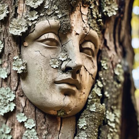 cinematic photo barnum-sepia  texture cracked dry treebark with lichen classical roman sculpture of face of venus, on pedestal, treebark (cracked wood style room interior:1.2) design  <lora:treebark-SDXL-s-exp:0.9> . 35mm photograph, film, bokeh, professional, 4k, highly detailed