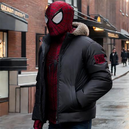 tasm2spdrmn wearing black puffy jacket <lora:tasm2spdrmn_v2:0.75>