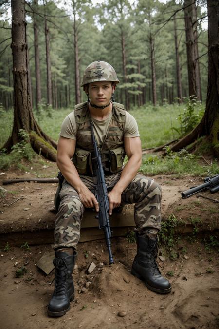 sitting in a foxhole dug in the ground in a forest, ZacDeHaan, sexysoldier, camouflage pants, t-shirt, helmet, vest, black boots, holding assault rifle, (((full body portrait))), wide angle <lora:ZacDeHaan:0.8>  <lora:Clothing - Sexy Soldier_v1:0.7>