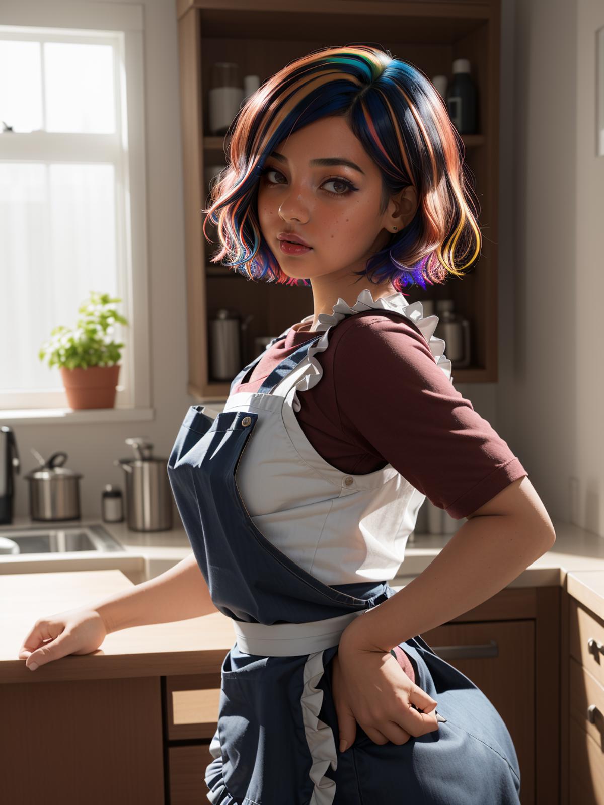 A woman wearing a blue and white apron standing in a kitchen.