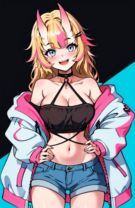 deva_vt,long hair, breasts,  blue eyes, blonde hair, large breasts, hair ornament, navel, collarbone, pink hair,  multicolored hair, horns, shorts, choker, streaked hair, halterneck,, denim, oni horns, 