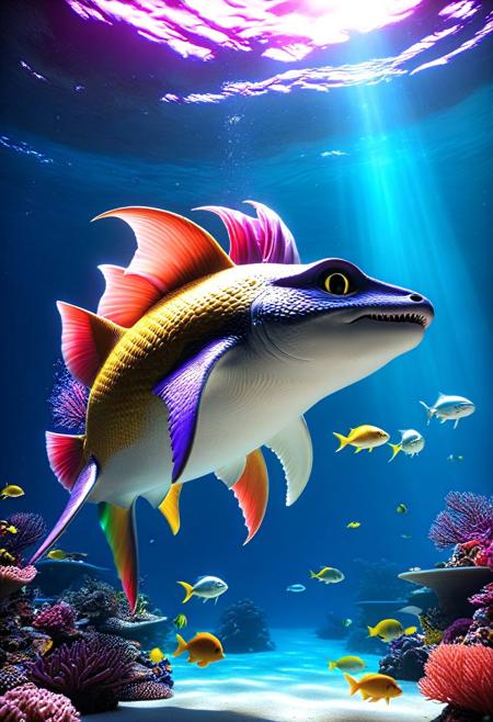 kitty diving underwater surrounded by fish, underwater kingdom, Ocean, Coral reef adventure, Reef Expedition, giant glowing exotic monster sea creature . Appetizing, professional, culinary, high-resolution, commercial, 
3d-rendering, concept-art, digital, dreaminess, futuristic, multimedia, sculpture, virtual-reality, 
eeriness, fantasy, photorealism, other-worldliness, realism, sci-fi, technological, alien worlds, advanced civilizations, 
intricate details, highly detailed, ultra-detailed, absurdres, unreal engine, octane rendering, high contrast, vivid, vibrant, volumetric lighting, sharp focus, 
aid291, midjourneyv6.1, 
RainbowUnicornStyle
