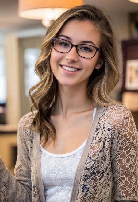 18 year old, European, woman, b cup breasts, 100 lbs, curdled hair, brown hair with blonde highlights, slight frekels, nerdy, sexy, wearing open cardigan, lace bra under