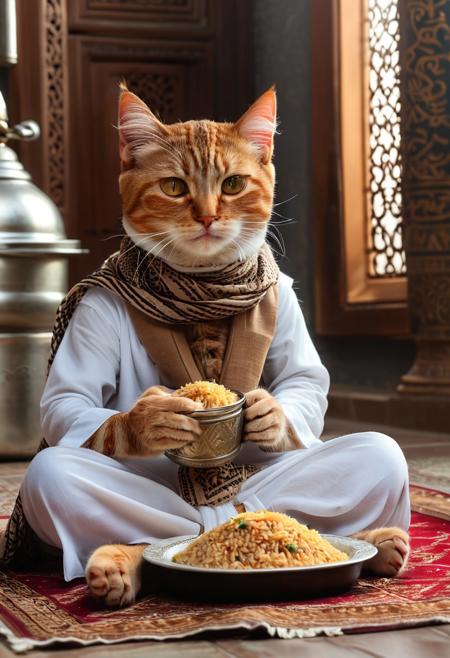 muslim boy cat, wearing arabic scraf, white arabic clothes, keffiyyeh, biryani rice, camel meat, arabic cuisine, on the floor, iftar ramadhan, cat act like male muslim ready to eat,