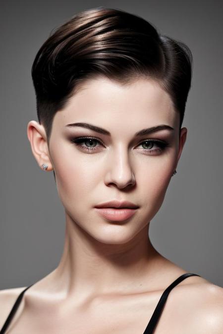 (CR-MadalinaP1ca-jjonahjameson:0.9), full color portrait of woman, (slick undercut hair:1.1),
masterpiece, best quality, sharp focus, 8k highres, ultra-detailed, rim light, (grey background:1.0),