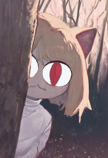score_9, score_8_up, score_7_up, solo, peeking out, upper body, hiding behind tree, night, horror \(theme\), forest, necoarc, glowing eyes, cat ears, blonde hair, red eyes, chibi, :3, white shirt, turtleneck,  looking at viewer
