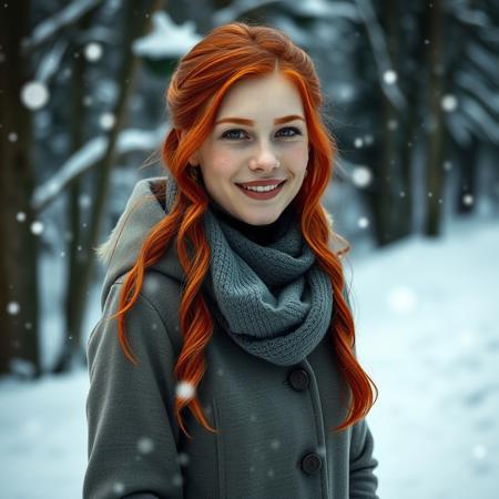 "Create a winter wonderland scene with a young woman (approx. 24 years old) dressed in cold-weather clothing, standing outside in the snow. Describe her physical appearance: bright red hair, freckles across her cheeks and nose, and a captivating smile. The setting is serene and peaceful, with snowflakes gently falling around her. Introduce a male character who is experiencing a moment of relaxation or joy, perhaps with a look of contentment on his face."