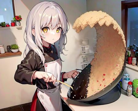 (best quality, masterpiece), ricewave, (1girl, solo,cooking, standing , looking at viewer, white hair, yellow eyes, closed mouth, upper body), (kitchen, holding wok) <lora:fried-05:0.9>