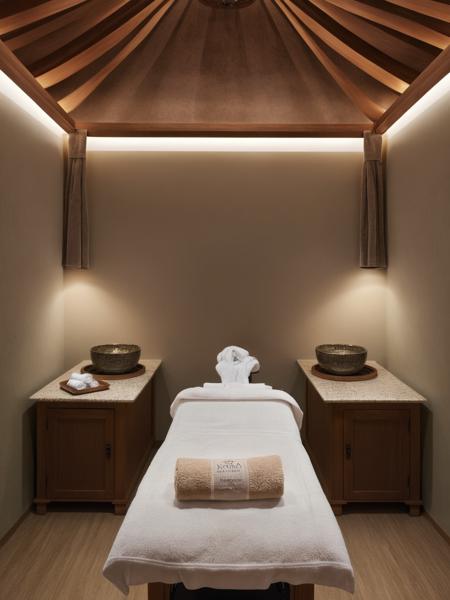 <lora:JJsSpa_XL:1>, ((spa treatment room)) , ((best quality)),((masterpiece)),((realistic)), indoors,  chair, table, photorealistic, authentic, indoor scenery,  highly detailed,  wood, ceiling light, towel, curtains, glass, lamp,