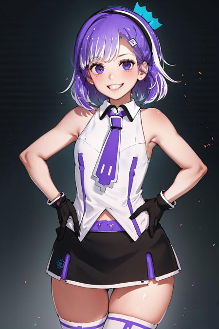 (masterpiece, best quality:1.2), <lyco:chanthology_twitch-chan-10:1.0>, cowboy shot, solo, 1girl, twitch-chan, smile, looking at viewer, hand on hip, hairclip, hair ornament, collared shirt, sleeveless, necktie, skirt, thighhighs, (gloves:1.1)