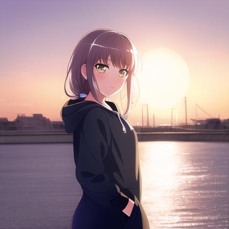 masterpiece, best quality, street, hoodie, standing, arms behind back, looking at viewer, solo focus, 1girl, lens flare, sunset, beautiful detailed sky, masterpiece, best quality,