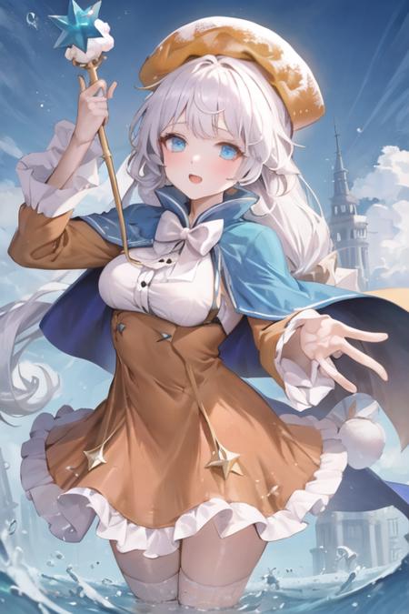 1girl, crkcreampuff, blue eyes, long hair, white hair, orange dress, blue cape, yellow headwear, wide sleeves, bow, bowtie, wand <lora:creampuff_cookie:0.8>