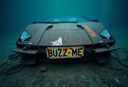 Totally Rusted wreck of Lamborghini Temerario underwater rusted number plate with text "BUZZ ME", cinematic, post apocalyptic look, seabed, view from front