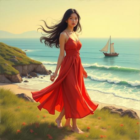 a beautiful full-figured Korean woman standing barefoot on a grassy hill overlooking the ocean, wearing a red silky leather dress that shimmers in sunlight, soft wind blowing through her long black hair, a small wooden sailboat resting on the shore below, waves gently crashing, warm golden afternoon sky, oil painting, highly detailed brushwork, serene expression, coastal landscape, cinematic composition, sunlight reflections on water and fabric, traditional fine art style, vibrant yet realistic colours, beautiful woman, chubby girl, Korean girl, red silk dress, windy dress, barefoot, ocean view, beach hill, traditional sailboat, crashing wave, golden sky, oil painting, classical style, realistic art, shoreline, fine art, boat on beach, serene mood, high detail, vibrant realism, glowing highlights, scenic coast, 80s retro poster aesthetic, neon color palette, stylized outlines, cinematic glow, exaggerated lighting, nostalgic tone, pop art influence, retro design, neon lights, stylized, poster art, vintage tones, bold lines