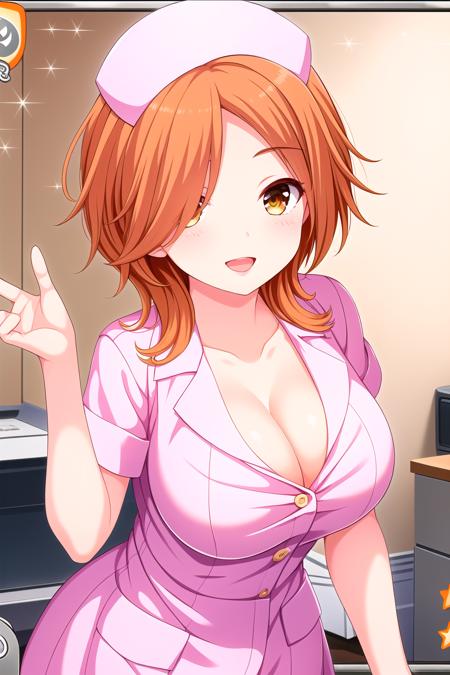 (masterpiece, best quality), highly detailed background, perfect lightingbest quality, yoshinagawakana, solo, indoors, nurse, nurse cap, orange hair, brown hair, red headband, short hair, hair over one eye, yellow eyes, brown eyes, breasts, white dress, cleavage, <lora:GoodHands-vanilla:1>, smile, open mouth, parted lips, pink lips, <lora:Yoshinaga-Wakana:0.7>