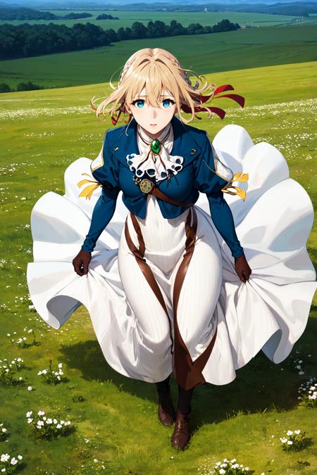 masterpiece, best quality, highres, violet evergarden, braid, hair ribbon, red ribbon, jewelry, white ascot, brooch, blue jacket, long sleeves, brown gloves, white dress, long dress, <lora:violet_evergarden_v1:0.7>, field, from above, full body, standing, wind