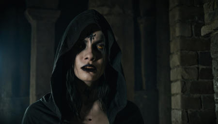 upperbody cinematic film still of <lora:3FAD04FFA7:1> CASDIMI standing in a dark castle, sweaty body, blood around her mouth, hooded, pale skin, black hair, detailed upperbody, grey skin, yellow eyes, shallow depth of field, vignette, highly detailed, high budget, bokeh, cinemascope, moody, epic, gorgeous, film grain, grainy, Canon M50