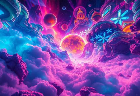 A dreamscape with vibrant neon colors, astonishing artwork, wallpaper, best quality, hyper-detailed, 4k resolution