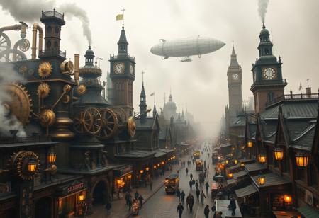 steampunk cityscape, towering Victorian architecture, intricate brass gears and cogs, steam-powered machines, large mechanical structures, copper pipes running along buildings, foggy streets, Victorian-style clothing, horse-drawn carriages mixed with mechanical transports, giant steam engines, glowing lanterns lighting the streets, smoky atmosphere, detailed clock towers, steam rising from vents, brass and bronze tones, intricate mechanical textures, retro-futuristic airships floating above, high contrast lighting, photorealism, industrial revolution vibes, detailed cobblestone roads, ornate ironwork on buildings, massive steam-powered robots, clockwork devices, high resolution, ((masterpiece)), airships casting shadows over the streets, bustling market stalls, brass-colored sky, fog-covered horizon, vibrant marketplace with mechanical vendors
