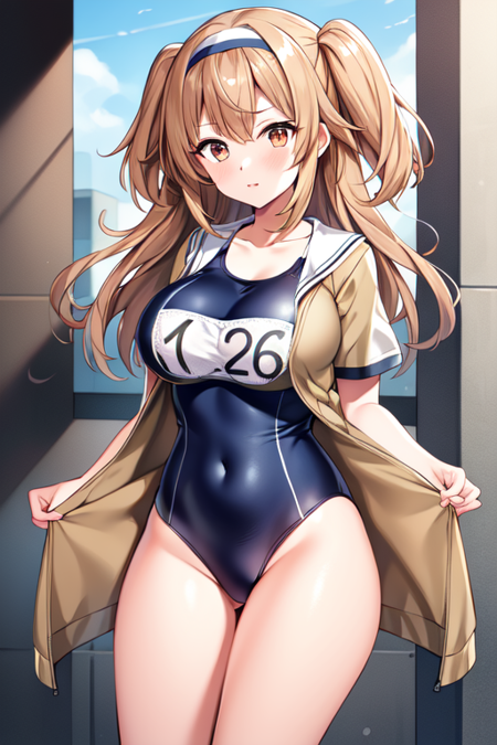  I26KC, 1girl, solo, long hair,short sleeves, hairband, sailor collar, two side up, one-piece swimsuit, school swimsuit, name tag, swimsuit under clothes, brown jacket,