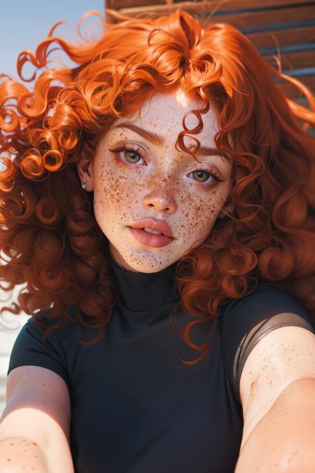 curlg1ng3r, 1girl, long hair, ginger hair, portrait, freckles, curly hair, <lora:curlg1ng3r:0.7>  masterpiece, best quality, <lora:age_slider_v20:1> <lora:detail_slider_v4:1>