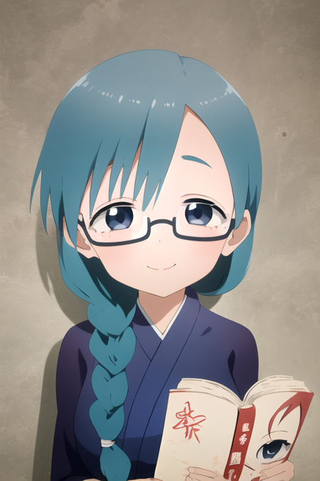 masterpiece, best quality, Mizubasho, 1girl, blue eyes, blush, glasses, blue hair, braid, semi-rimless eyewear, smile, solo, looking at viewer, upper body, japanese clothes, smile, reading,