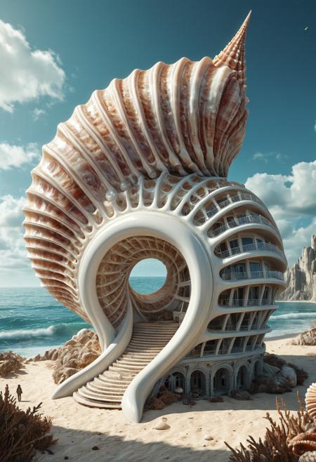 A surreal architectural structure built from a giant seashell, resembling a massive conch, intricate spiral design, smooth nacre textures, blending natural oceanic elements with futuristic architecture, situated on a coastal landscape, realistic lighting, high detail, fantasy concept art.