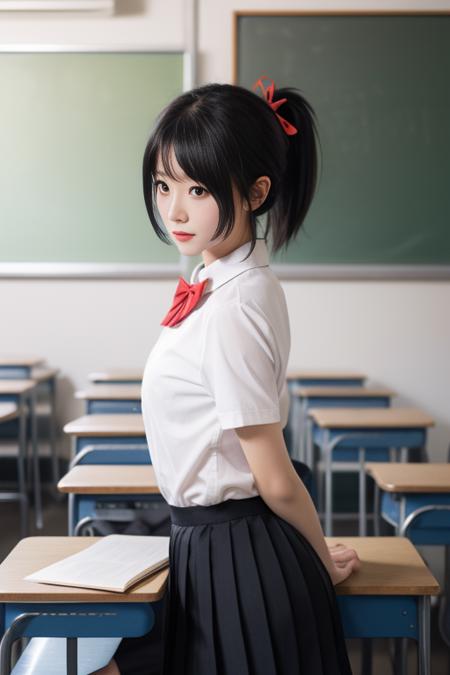 ltra-detailed,highly detailed,best quality,masterpiece,illustration,realistic,
miyamizu mitsuha, 1girl, solo,looking at viewer,portrait, 
black hair, ponytail, short hair,
school uniform, hair ribbon,bowtie,short sleeves, collared shirt, pleated skirt, 
indoors, classroom, 
<lora:miyamizu mitsuha_v1_02:0.7>