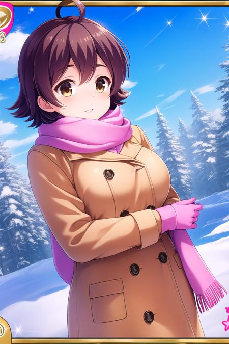 (masterpiece, best quality), highly detailed background, perfect lightingbest quality, hiiragimakoto, solo, outdoors, winter, brown hair, pink ribbon, hair ornament, ahoge, short hair, yellow eyes, brown eyes, one eye closed, breasts, pink scarf, yellow coat, <lora:GoodHands-vanilla:1>, white gloves, winter clothes, smile, closed mouth, parted lips, pink lips, <lora:Hiiragi_Makoto:0.7>