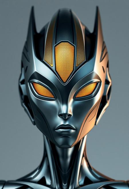 The image features a highly stylized humanoid figure with a sleek, metallic surface. The elongated head has sharp, angular features and a gold-textured central crest. The eyes are replaced by an orange-gold visor-like element. The overall design suggests advanced technology or artificial intelligence.