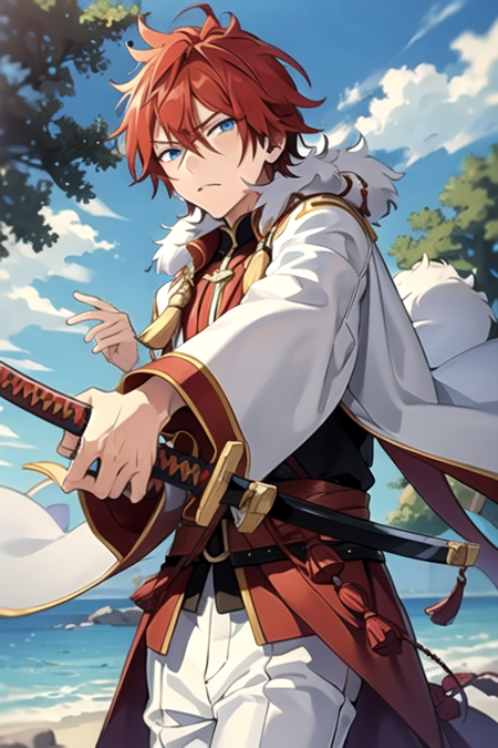 <lora:RinneAmagi-05:0.7> ,rinne, solo, looking at viewer, short hair, blue eyes, long sleeves, 1boy, holding, hair between eyes, weapon, male focus, red hair, pants, sword, holding weapon, tree, fur trim, holding sword, katana, sheath, tassel, white pants, ready to draw