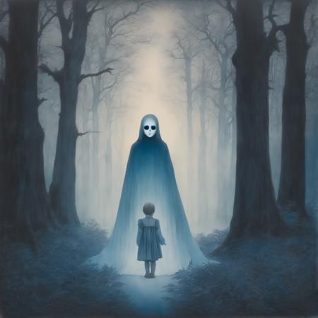 johnmortensen drawing of a child among the trees with a ghost behind one of the trees, photograph, blue cold color palette, muted colors, detailed, 8k