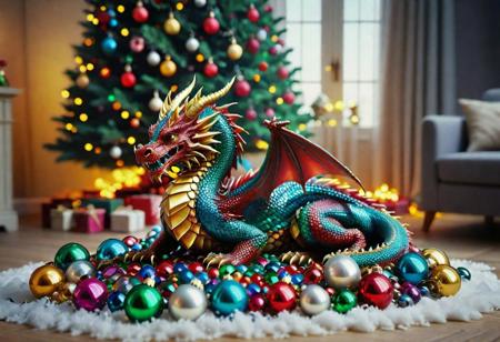 EPbblestyleSDXL dragon siting next to a pile of colorful crystal gems, under a Christmas tree, highly detailed clean, beautiful detailed intricate, 8K