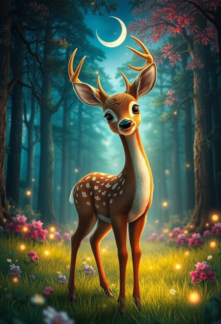 A hyper-stylistic, extremely detailed image depicts an adorable deer, reminiscent of a Pixar film, standing in a breathtakingly beautiful forest. The deer's fur is rendered in exquisite detail, with intricate textures and subtle color gradations that give it a lifelike appearance. The forest around it is a tapestry of vibrant colors and delicate patterns, with towering trees, sparkling fireflies, and a carpet of soft, emerald grass. A crescent moon hangs low in the sky, casting a silver glow over the scene. Every detail of the image is meticulously crafted, from the delicate, lace-like patterns on the deer's fur to the intricate, branching structures of the trees. The overall effect is one of enchanting, whimsical wonder, as if the viewer has stumbled into a magical world of beauty and discovery. highest-Quality, intricate details, visually stunning, Masterpiece