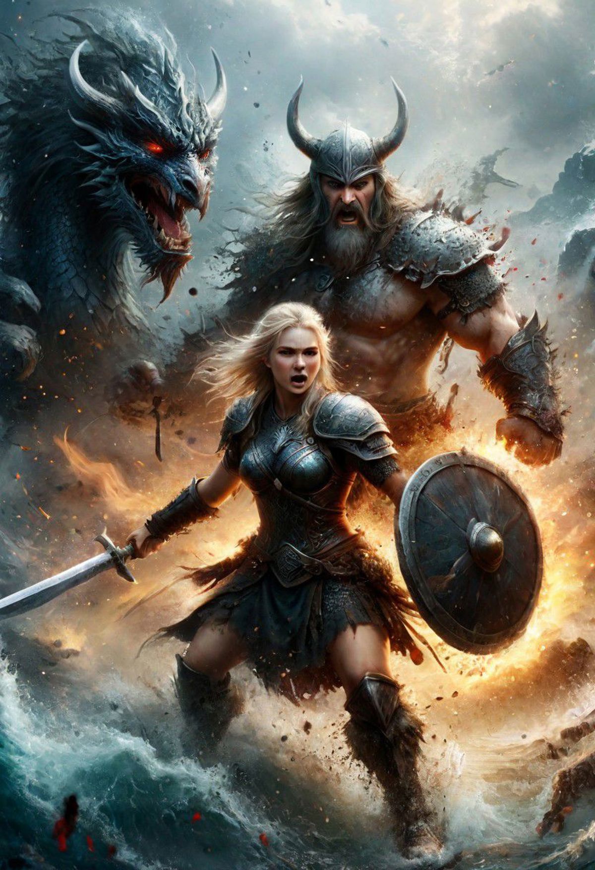 A Fantasy Art Illustration of a Warrior Woman and a Bearded Man Fighting a Dragon.