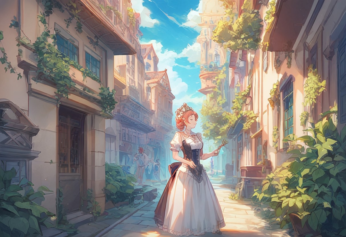 score_9, score_8_up, score_8. score_9, score_8_up, score_7_up, masterpiece, 4k, high quality, (best quality:1.1),anime, beautiful drawing, In the heart of a bustling steampunk Victorian city, a woman in an exquisite, elaborate dress stands amidst the crowd. Her eyes are fixed on a street musician, his melodies weaving through the industrial noise, his face radiating joy. The scene captures the stark contrast between the city's mechanical progress and the beauty of nature. This vivid picture, perhaps a painting, exudes lush detail: the intricate gears of the woman's attire, the musician's genuine smile, and the fusion of cityscape and greenery in the background. The image is a masterpiece, skillfully blending nostalgia, whimsy, and urban grit.