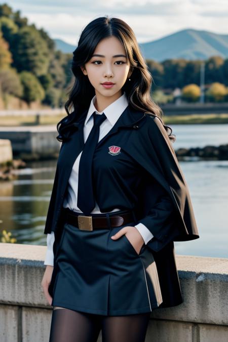 realistic, masterpiece, high detailed skin, looking at viewer, full body shot, scenic view, long hair, black hair
school uniform, long sleeves, black cape, black necktie, wing collar, shirt, belt, skirt, pantyhose, loafers <lora:Black_School_Dress_By_Stable_Yogi:1>