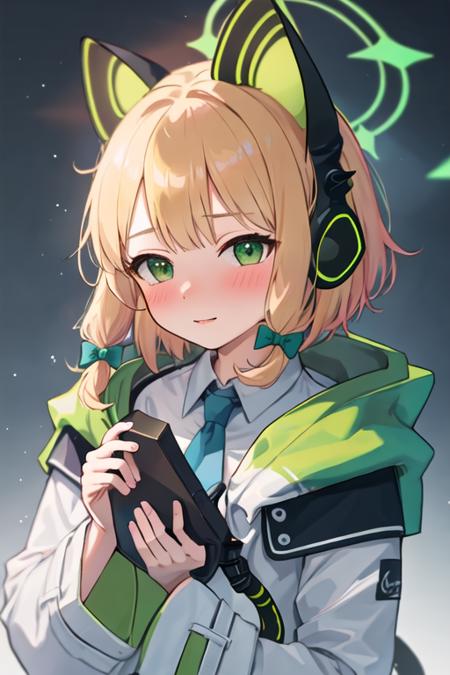 best quality, masterpiece, highres, solo, {midori_bluearchive:1.15}, headphones, animal_ears, blonde_hair, fake_animal_ears, animal_ear_headphones, green_eyes, cat_ear_headphones, bow, halo, bangs, blush, hair_bow, short_hair